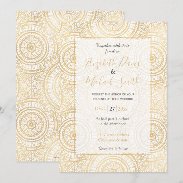 Invitación Elegante patrón blanco de girasol dorado Mandala (Anverso / Reverso)