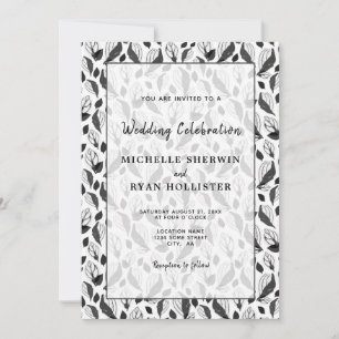 Invitación Elegante patrón botánico de hoja blanca negra Boda