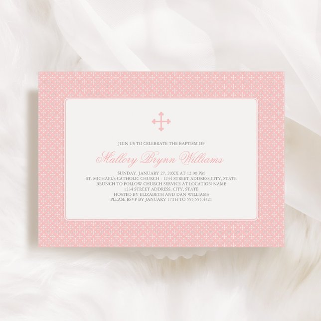 Invitación Elegante patrón cruzado rosa Baptismo de niña (Subido por el creador)