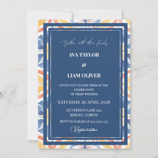 Invitación Elegante patrón de azulejos azules para boda