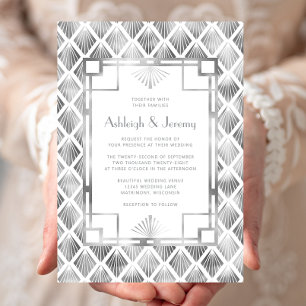 Invitación Elegante patrón de boda vintage deco blanco platea