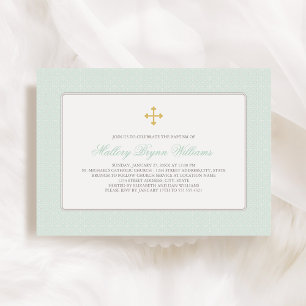 Invitación Elegante patrón de cruz dorada verde menta para ba
