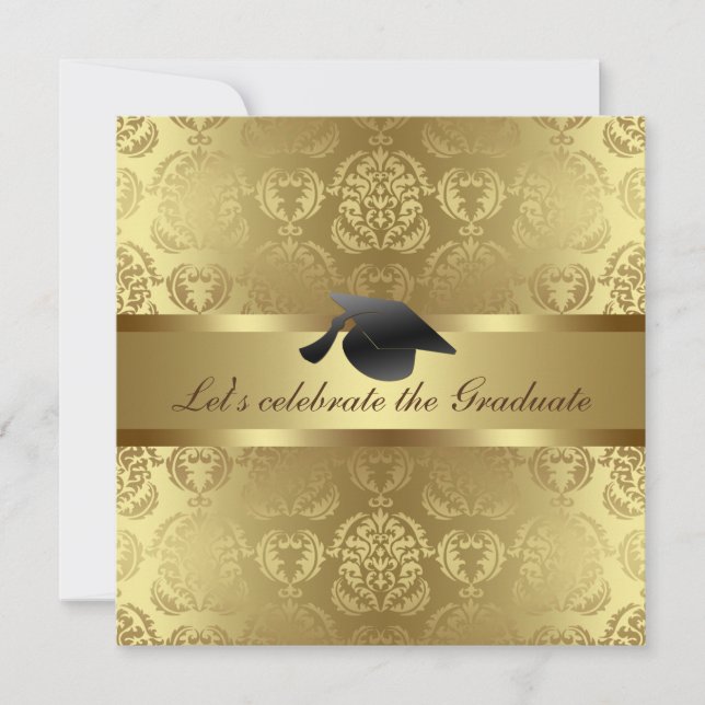 Invitación Elegante patrón de damasco dorado Gorra de graduac (Anverso)