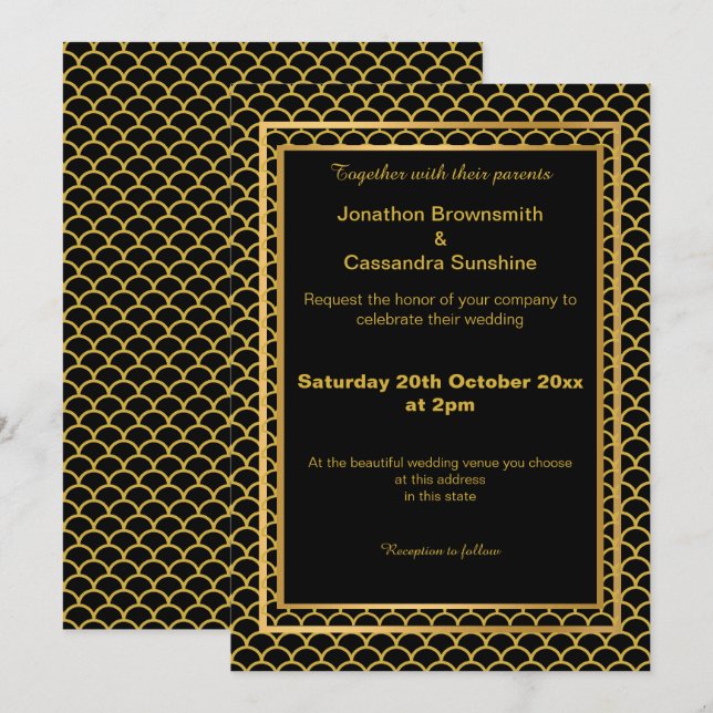 INVITACIÓN ELEGANTE PATRÓN DE ESCALA DE MERMAID NEGRO DE ORO  (Anverso / Reverso)