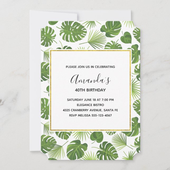 Invitación Elegante patrón de hojas tropicales verdes (Anverso)