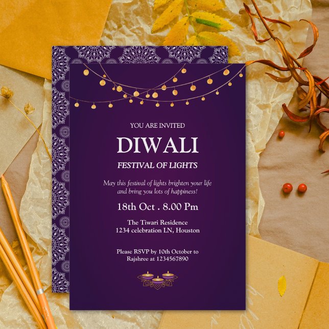 Invitación Elegante patrón de manala diyas Fiesta morado de D (Subido por el creador)
