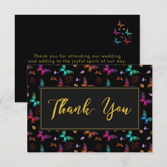 Invitación Elegante patrón de mariposa en Boda negro gracias (Anverso / Reverso)