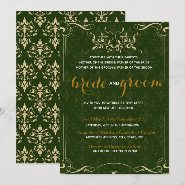 Invitación Elegante patrón de oro en Boda esmeralda BG (Anverso / Reverso)