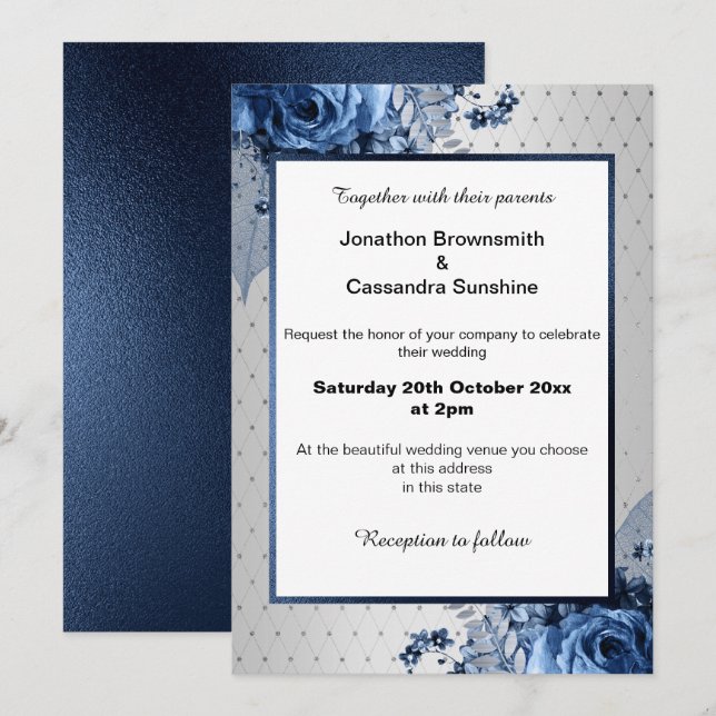 INVITACIÓN ELEGANTE PATRÓN DE PLATA BOUQUET FLORAL NAVY BODA (Anverso / Reverso)