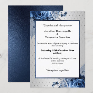 INVITACIÓN ELEGANTE PATRÓN DE PLATA BOUQUET FLORAL NAVY BODA