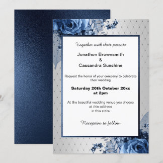 INVITACIÓN ELEGANTE PATRÓN DE PLATA BOUQUET FLORAL NAVY BODA