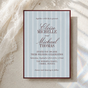 Invitación Elegante patrón de rayas azul francés y borgoña