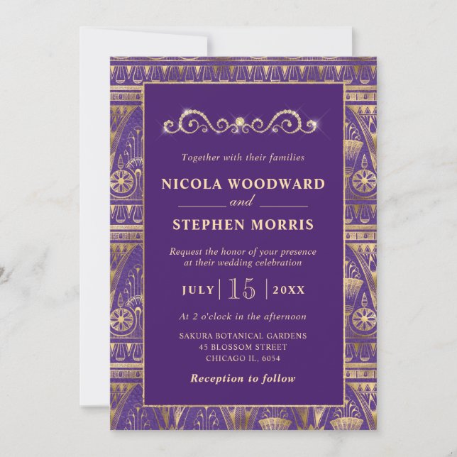 Invitación Elegante patrón egipcio de boda en oro (Anverso)