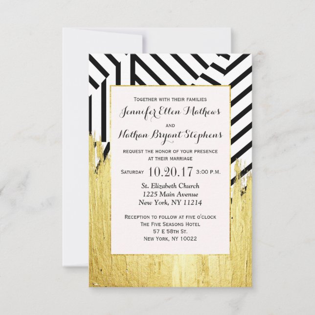 Invitación Elegante Patrón Faux Gold Paint Strokes & Stripes (Anverso)