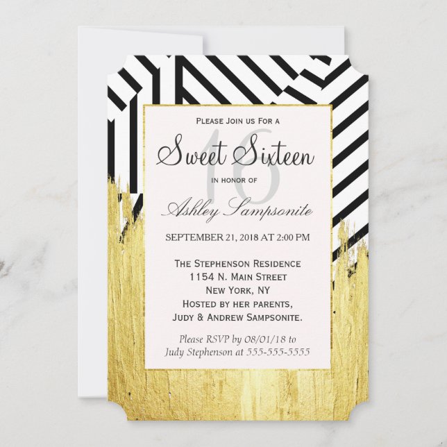 Invitación Elegante Patrón Faux Gold Paint Strokes & Stripes (Anverso)