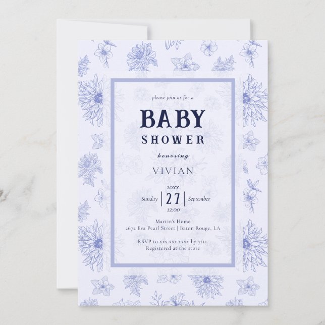 Invitación Elegante patrón floral azul neutro Baby Shower (Anverso)