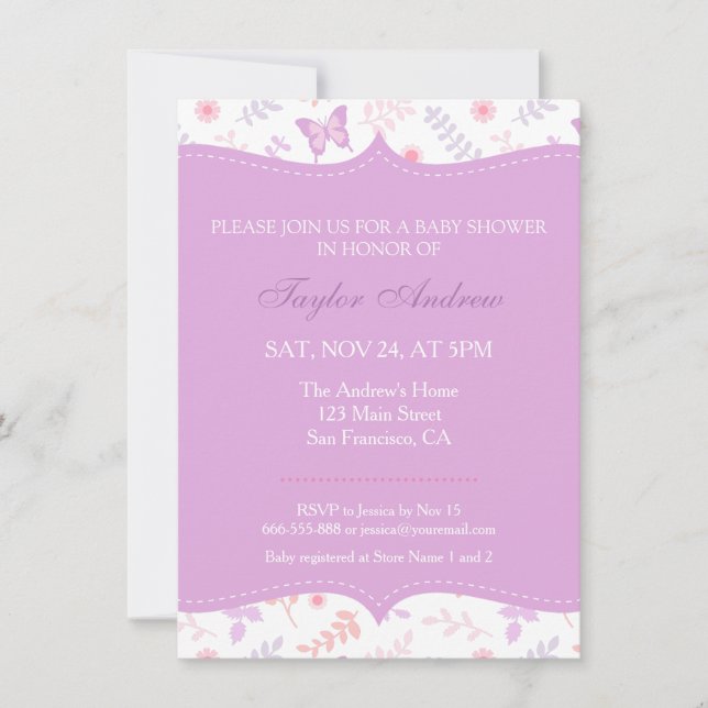 Invitación Elegante patrón floral mariposa Baby Shower (Anverso)