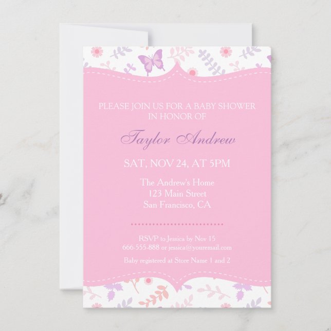 Invitación Elegante patrón floral mariposa Baby Shower (Anverso)