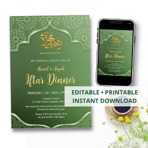Invitación Elegante patrón geométrico islámico verde Iftar