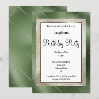 INVITACIÓN ELEGANTE PATRÓN METÁLICO VERDE BRONZE CUMPLEAÑOS