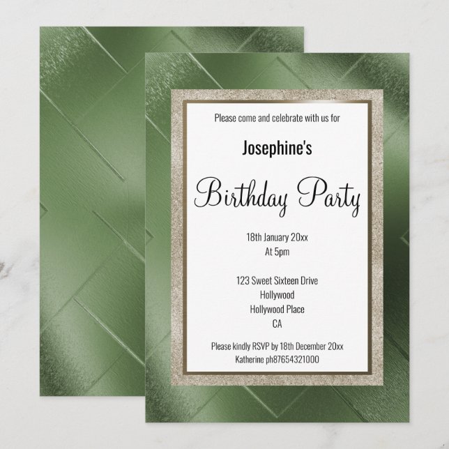 INVITACIÓN ELEGANTE PATRÓN METÁLICO VERDE BRONZE CUMPLEAÑOS 2 (Anverso / Reverso)