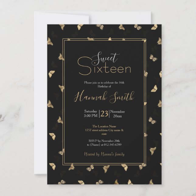 Invitación Elegante patrón negro de mariposas doradas (Anverso)
