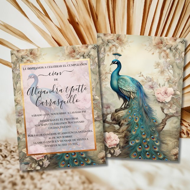 Invitación Elegante pavo real azul dorado 100 cumpleaños (Subido por el creador)