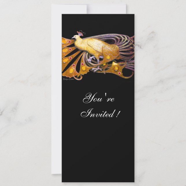 INVITACIÓN ELEGANTE PAVO REAL EN AMARILLO Y NEGRO (Anverso)