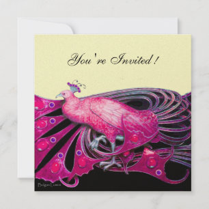 Invitación ELEGANTE PAVO REAL EN FUCsia, ROSA, NEGRO Y ORO