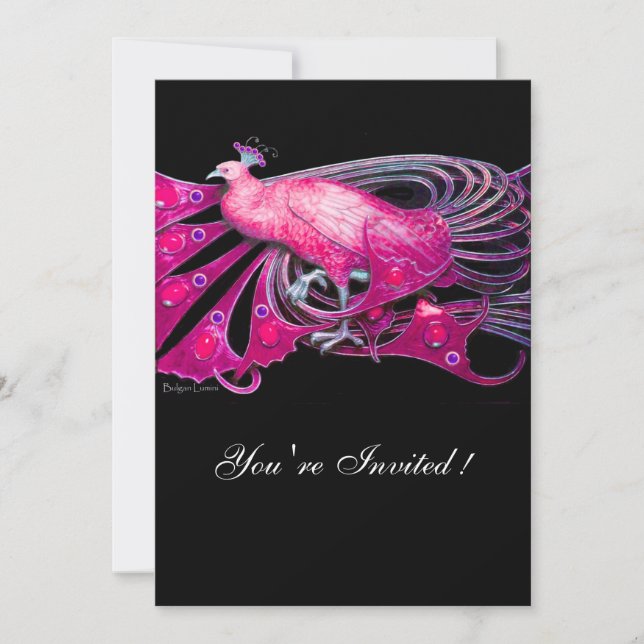 Invitación ELEGANTE PAVO REAL EN FUCsia, ROSA Y NEGRO (Anverso)