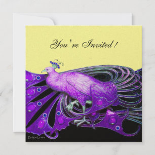 INVITACIÓN ELEGANTE PAVO REAL EN PURPURA NEGRO Y AMARILLO ORO