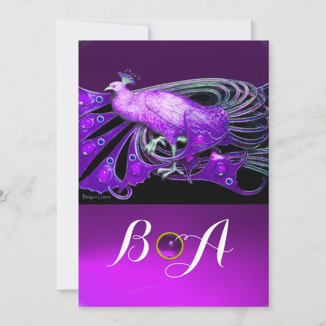 INVITACIÓN ELEGANTE PAVO REAL EN VIOLETA,NEGRO MONOGRAMA DE B (Anverso)