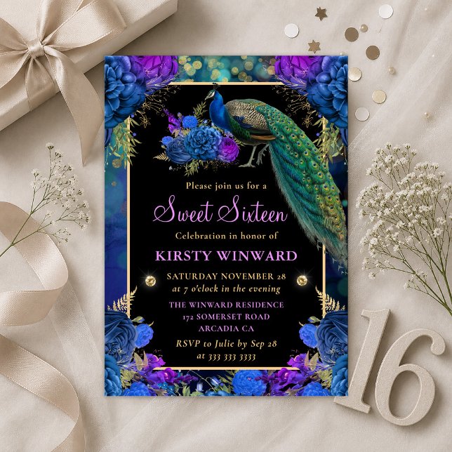 Invitación Elegante Pavo Real Floral Dulces Dieciséis (Subido por el creador)
