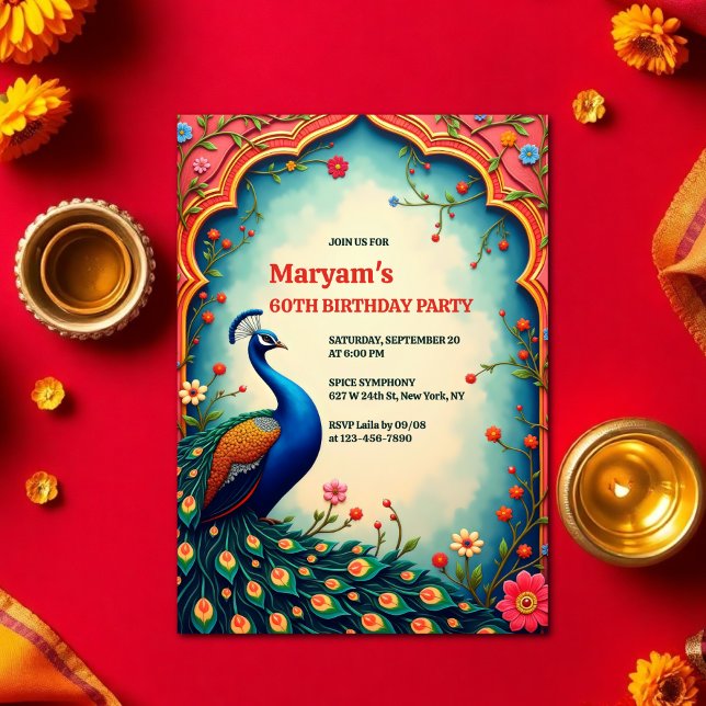 Invitación Elegante pavo real floral indio 60 cumpleaños (Indian Shashtipoorthi Peacock 60th Birthday Invitation Elegant Floral Design)