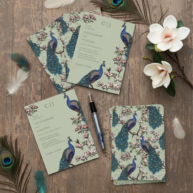 Invitación Elegante pavo real verde sabio y Boda de flores (Elegant Floral Peacock Wedding Invitations in Sage Green. Pattern of Peafowl Birds & Magnolia Flower)