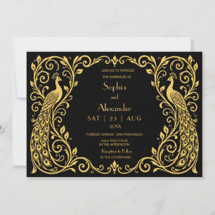Invitación Elegante pavón Art Déco boda oro negro