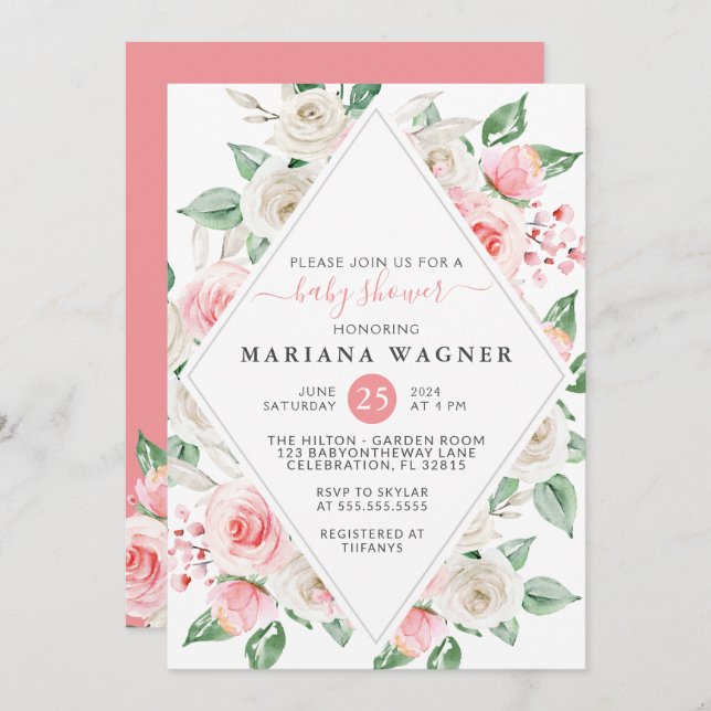 Invitación Elegante Peach Floral Baby Shower (Anverso / Reverso)