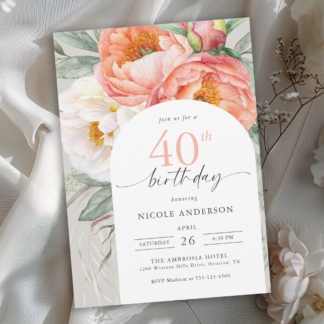 Invitación Elegante Peach Floral Feminine 40 cumpleaños (Available in both printed and instant download digital formats.)