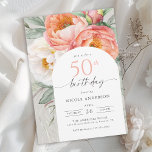 Invitación Elegante Peach Floral Feminine 50 cumpleaños<br><div class="desc">Con un encanto elegante, esta invitación de 50 años de color melocotón y agua blanca floral es una hermosa elección para celebrar un cumpleaños especial. Cuenta con un bonito ramo de peonías de melocotón y marfil de color blanco, eucalipto y vegetación sobre un fondo verde azulado neutro. Los emparejamientos de...</div>