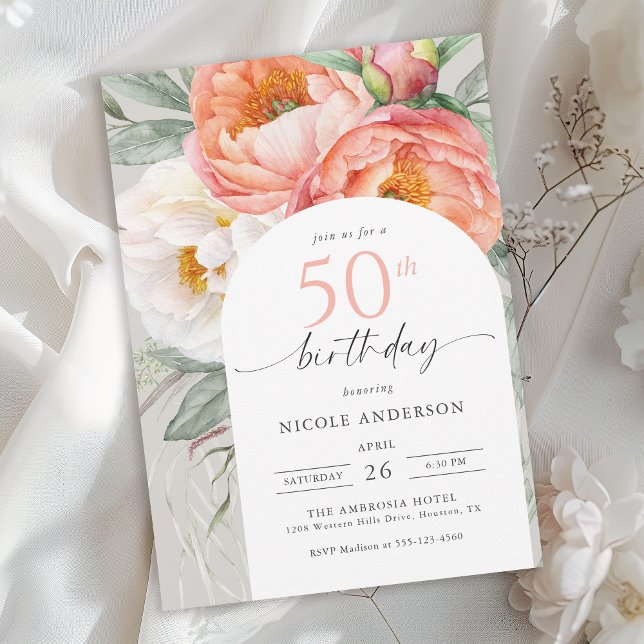 Invitación Elegante Peach Floral Feminine 50 cumpleaños (Available in both printed and instant download digital format.)