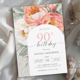 Invitación Elegante Peach Floral Feminine 90 cumpleaños