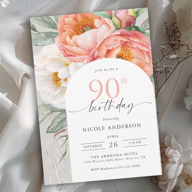 Invitación Elegante Peach Floral Feminine 90 cumpleaños (Available in both printed and instant download digital formats.)