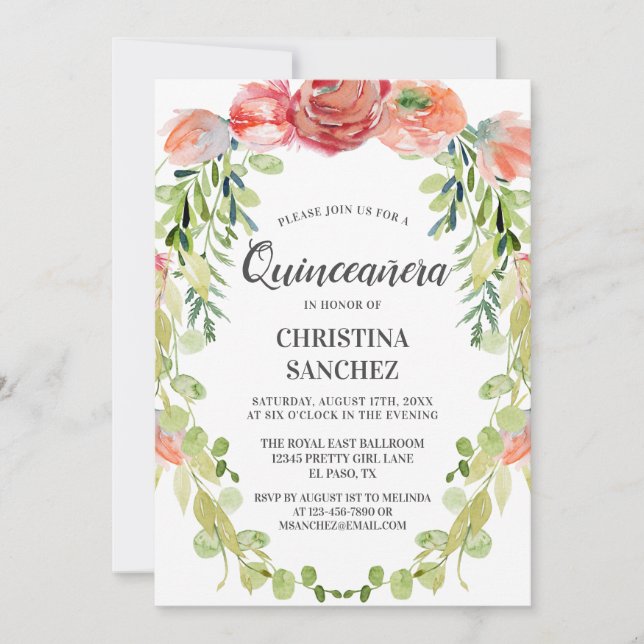 Invitación Elegante Peach Garden Floral Quinceañera Cumpleaño (Anverso)