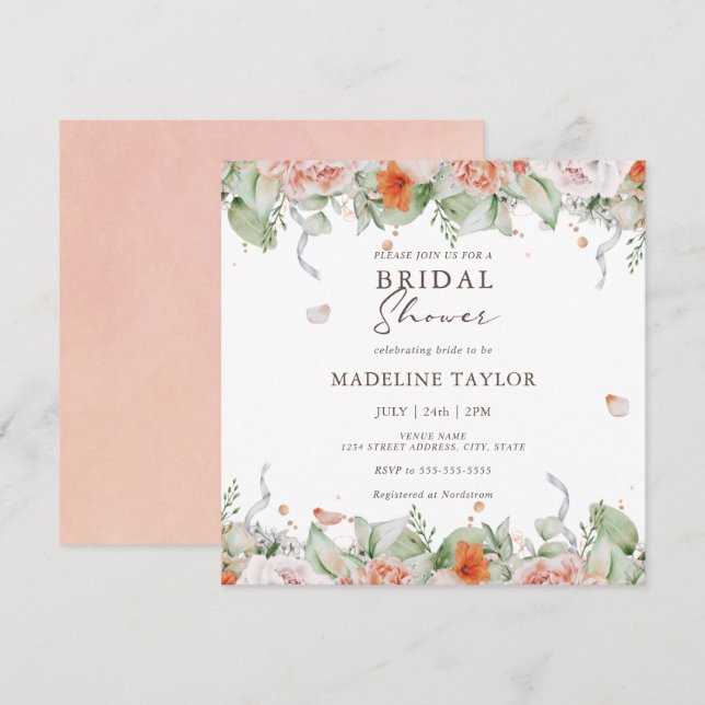 Invitación Elegante Peach Watercolor Floral Bridal Shower (Anverso / Reverso)