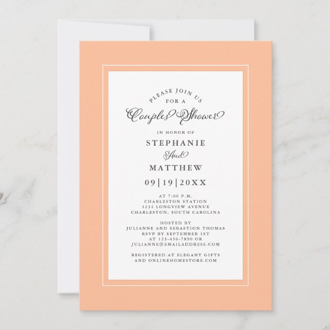 Invitación Elegante Peach White Boda Couples Ducha Bridal (Anverso)