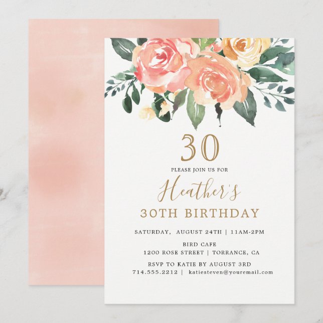 Invitación Elegante Peach y Gold Floral 30 cumpleaños (Anverso / Reverso)