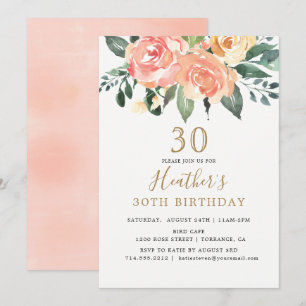 Invitación Elegante Peach y Gold Floral 30 cumpleaños