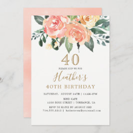 Invitación Elegante Peach y Gold Floral 40 cumpleaños
