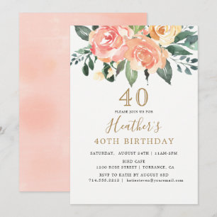Invitación Elegante Peach y Gold Floral 40 cumpleaños