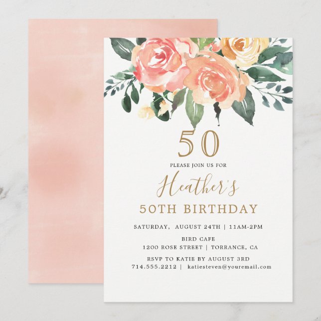 Invitación Elegante Peach y Gold Floral 50 cumpleaños (Anverso / Reverso)